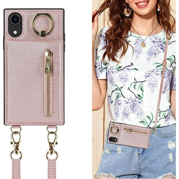 Crossbody Phone Cases for iPhone XR with Strap,iPhone XR Case with Card Holder for Women,[360° Rotatable Ring Holder] Leather PU Magnetic Clasp Wallet Case with 2-Way Kickstand,6.1 Inch Pink