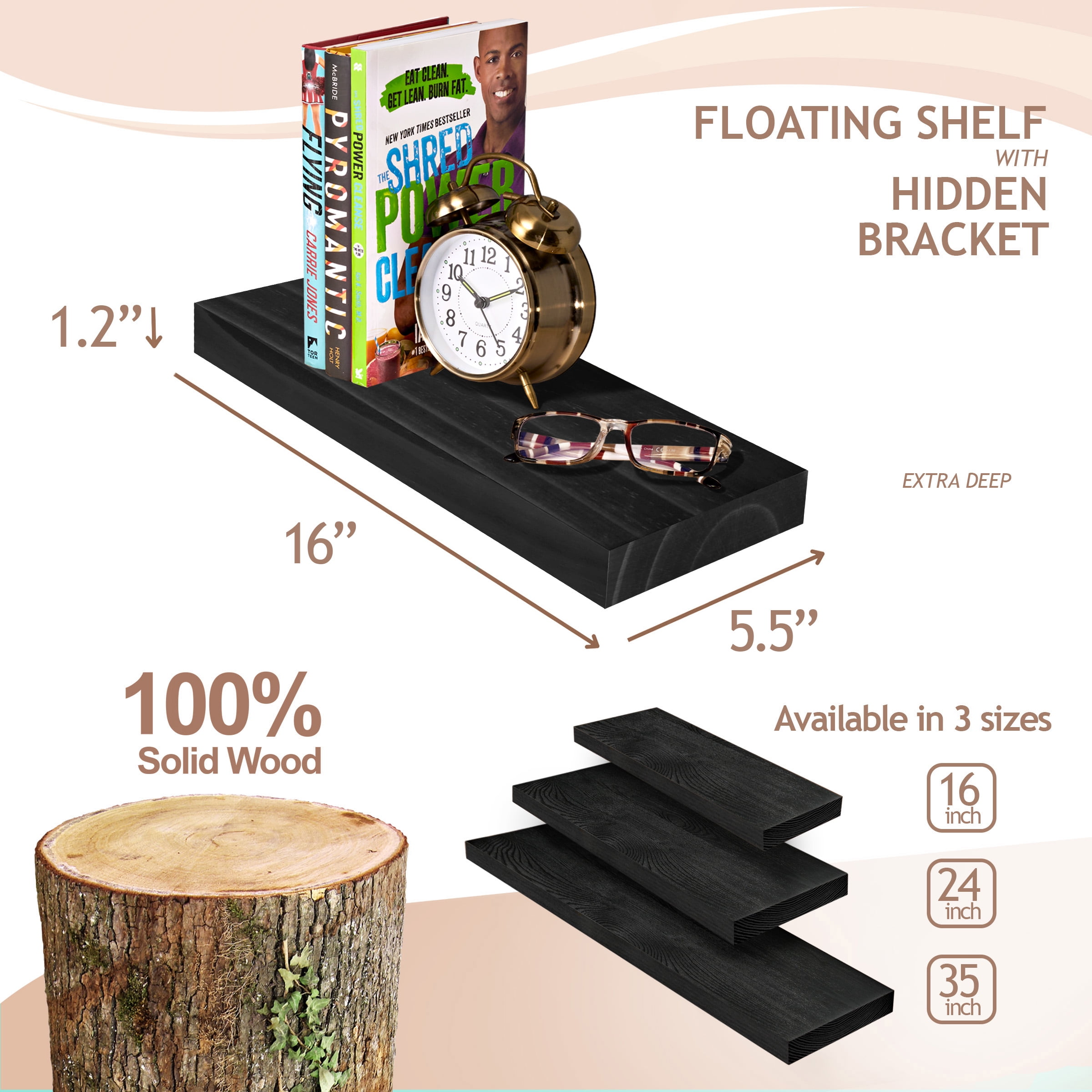 Sorbus 16" Black Floating Shelves, Set of 2 Solid Pine Wood Wall Shelves for Bathroom, Kitchen, Bedroom & Living Room Décor