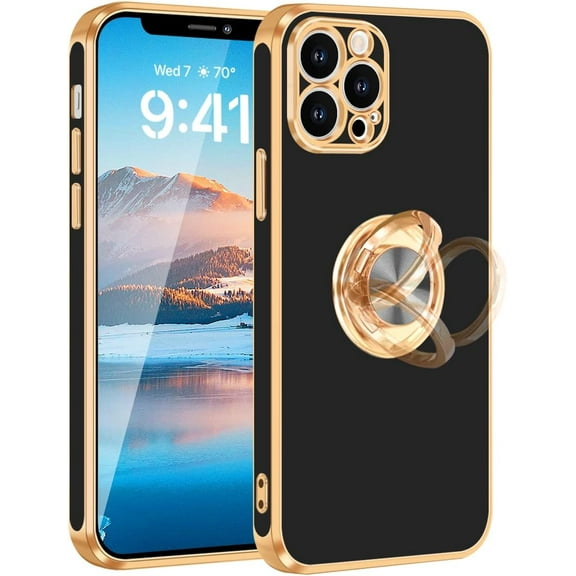 iPhone 12 Pro Max Case,iPhone 12 Pro Max Case with Ring Stand, [360° Rotatable Ring Holder Magnetic Kickstand] [Gold Edge] Slim Soft TPU Shockproof Protective Cover Case for Women Men,Black