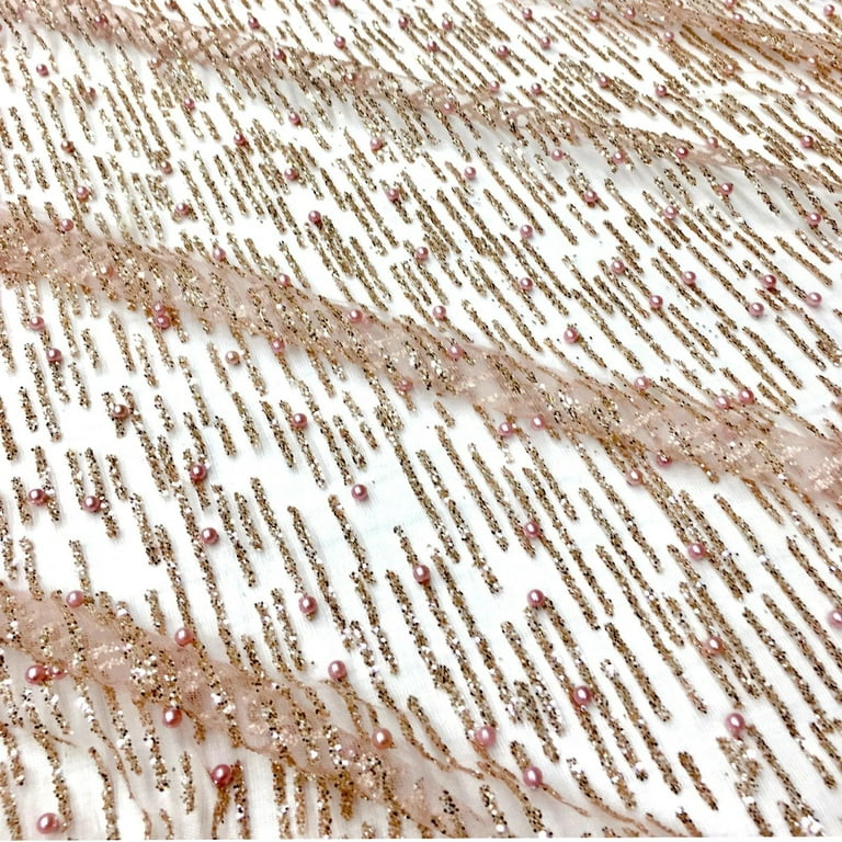 Classic & Modern Fabrics Serafina Rose Pink Blush Gold Glitter Beaded Mesh Lace Sequin Fabric / Sold by The Yard, Size: Small