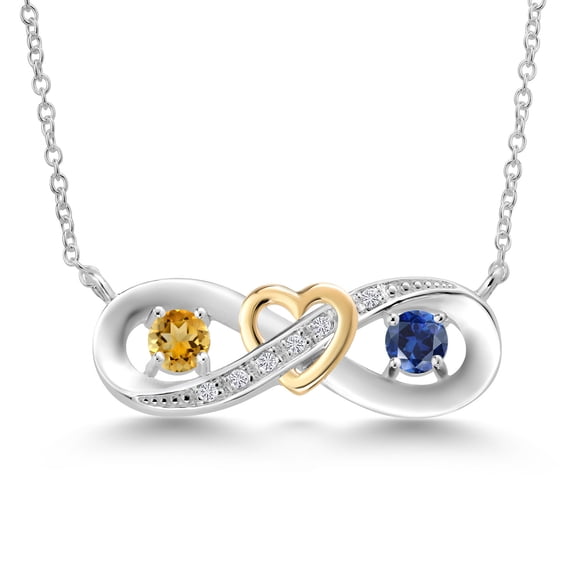Gem Stone King 0.57 Ct Yellow Citrine Blue Created Sapphire 925 Silver and 10K Yellow Gold Two-Tone Heart Interlocking Infinity Symbol Lab Grown Diamond Pendant Necklace for Women with 18 inch Chain
