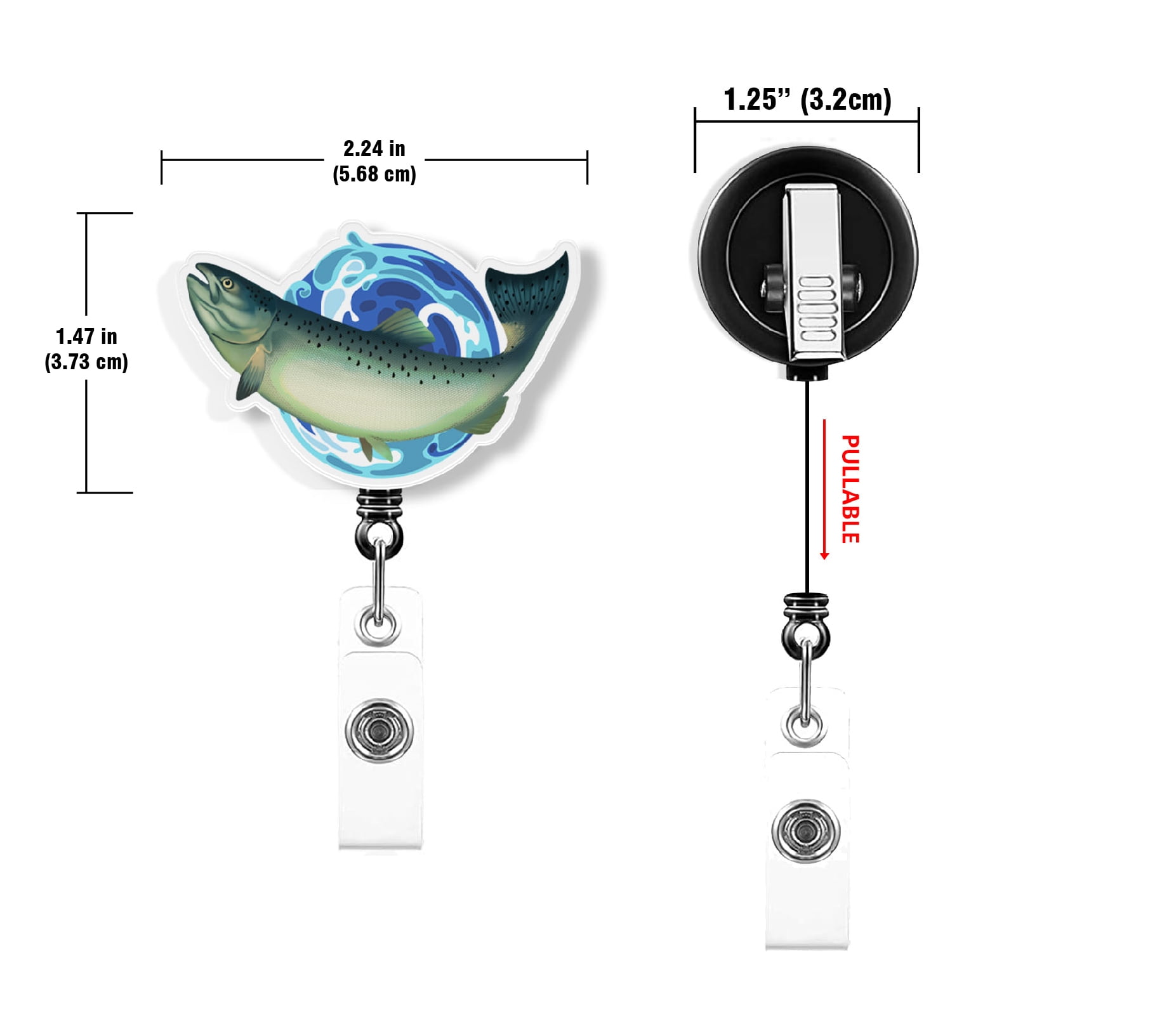 WIRESTER Set 2pcs Design Acrylic Key Card Holder Belt Clip Reel Id Badge  Retractable - Jumping Trout Fish & Salmon Fish 