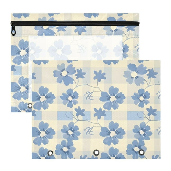 Blue Floral Patterns 3-Ring Binder Pouches A4 Size Zipper Pocket File Storage 2 Packs