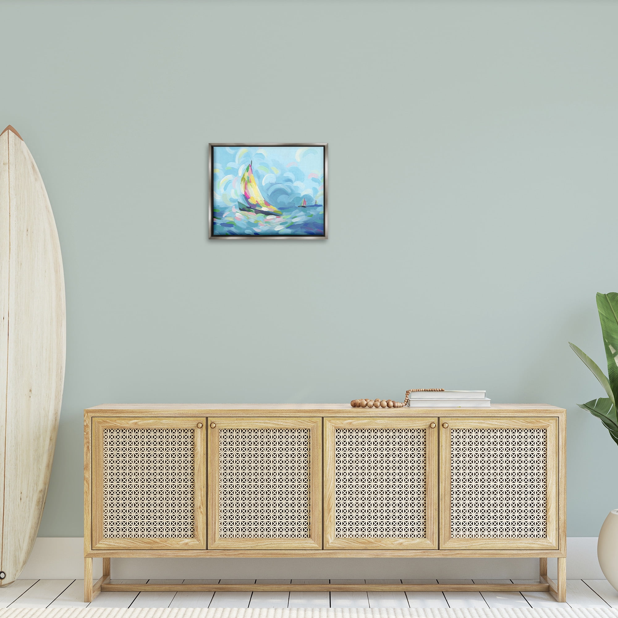 Stupell Industries Abstract Sailboat Scenery Nature Painting Gray Floater Framed Canvas Art Print Wall Art, 21 x 17