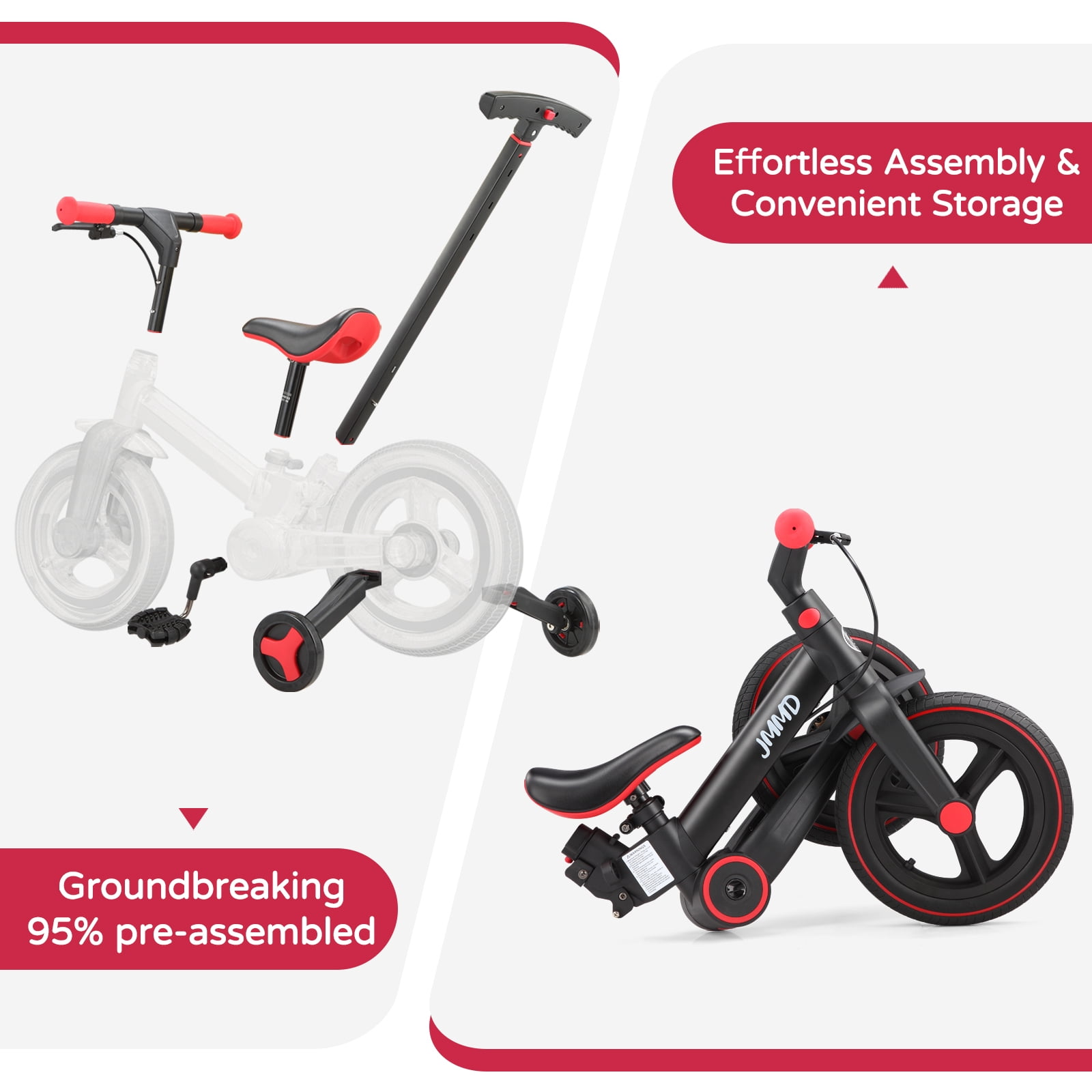 JMMD Toddler Bike with Push Handle for Kid 18-60 Months, 6 in 1 Foldable Tricycle with Training Wheel, Pedals, Kid Balance Bike for Boy & Girl, Black