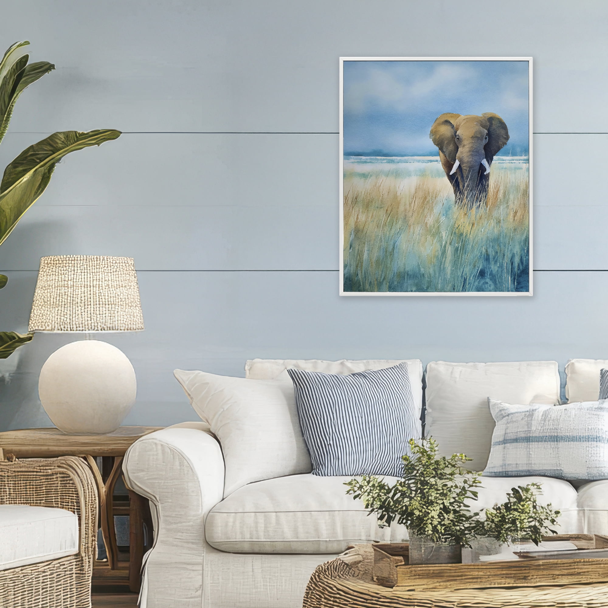 Stupell Industries Blue Grass Elephant White Framed Giclee Art, design by Franklyn Gregory
