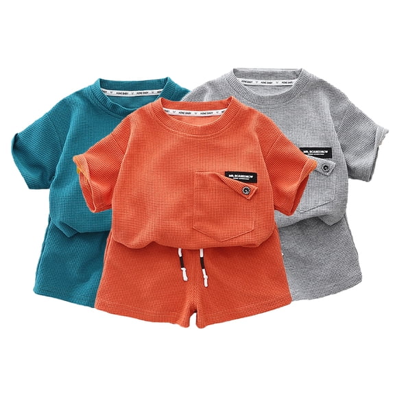 Esaierr Toddler Boys Short Sleeve T Shirt Track Shorts Two Piece Set Baby Boys Summer Solid Colour Loose Pullover Sporty Tops Shorts Outfit for 9 Months-5 Years