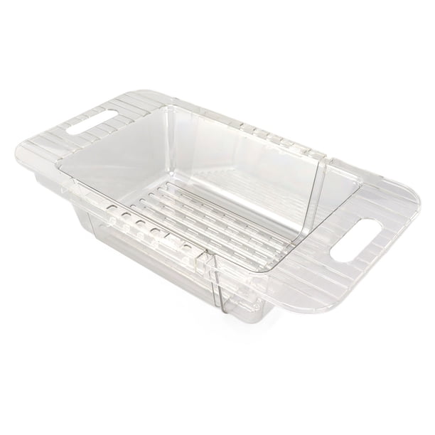 Colador de frutas y verduras para fregadero de cocina, moderno y minimalista, escurridor telescópico de plástico transparente para cocina de mascotas.
