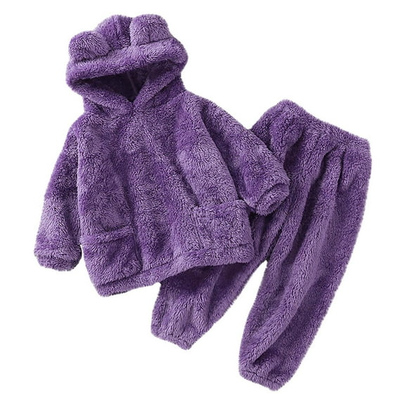 PINQI Toddler Winter Warm Pajamas Kids Baby Girls Boys Sleepwear Set Hooded Bear Ear Long Sleeve Sweatshirt Tops and Pants 2Pcs Fall Tracksuit Outfits (Purple-1,4-5 Years