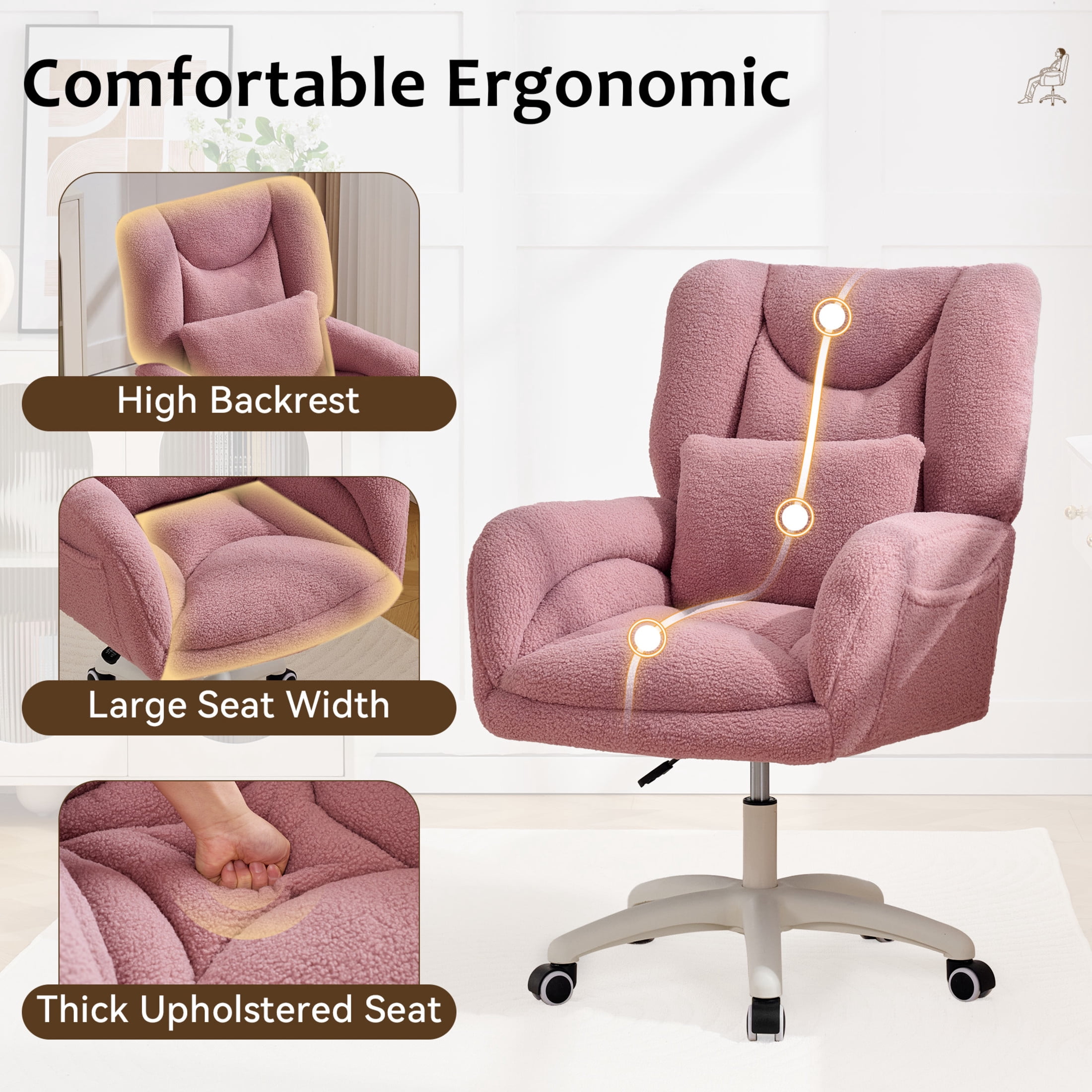 Noble House Sheila Teddy Fabric Swivel Office Chair, High Back Desk Chair with Lumbar Pillow & Storage Pockets, Pink