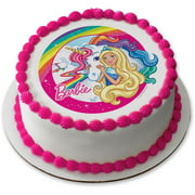 Angle View: Barbie & Unicorn 7.5" Round Edible Cake Topper (Each)