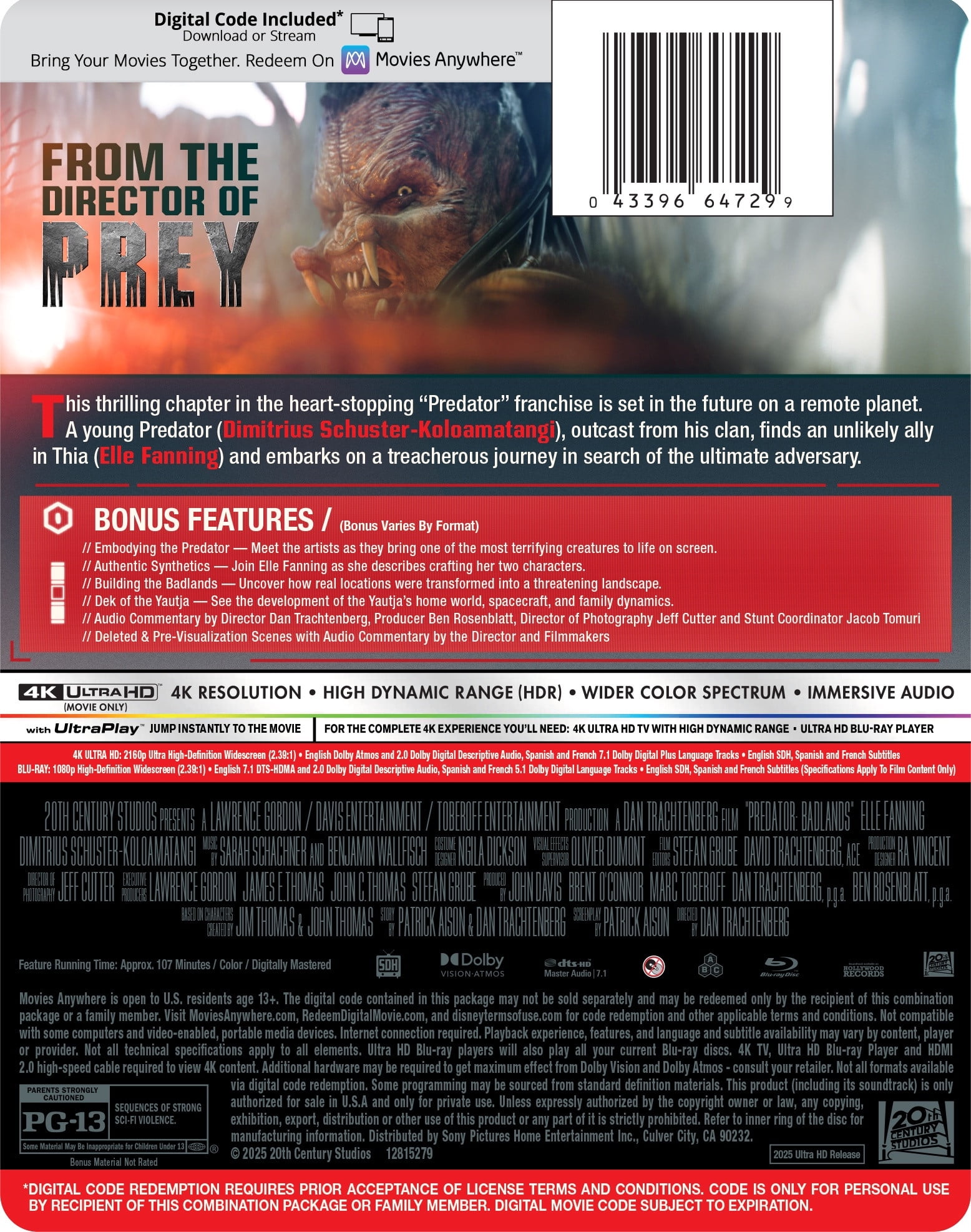 Predator: Badlands (Steelbook) (4K Ultra HD + Blu-ray + Digital Copy) 20th Century Studios, Action & Adventure, Drama