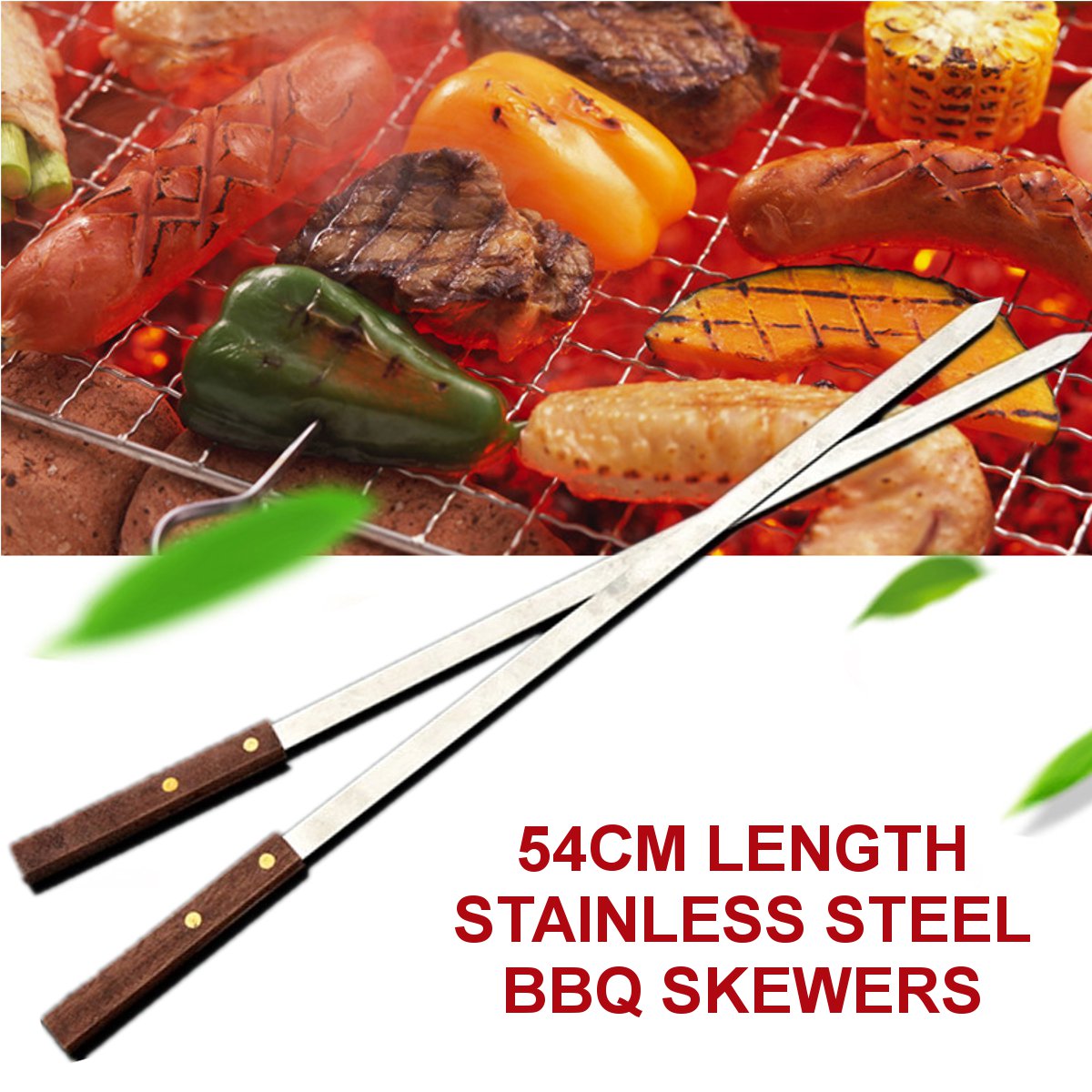 Asewon 120Pcs 54CM Stainless Steel Wire BBQ Skewers Wood Handle Grill