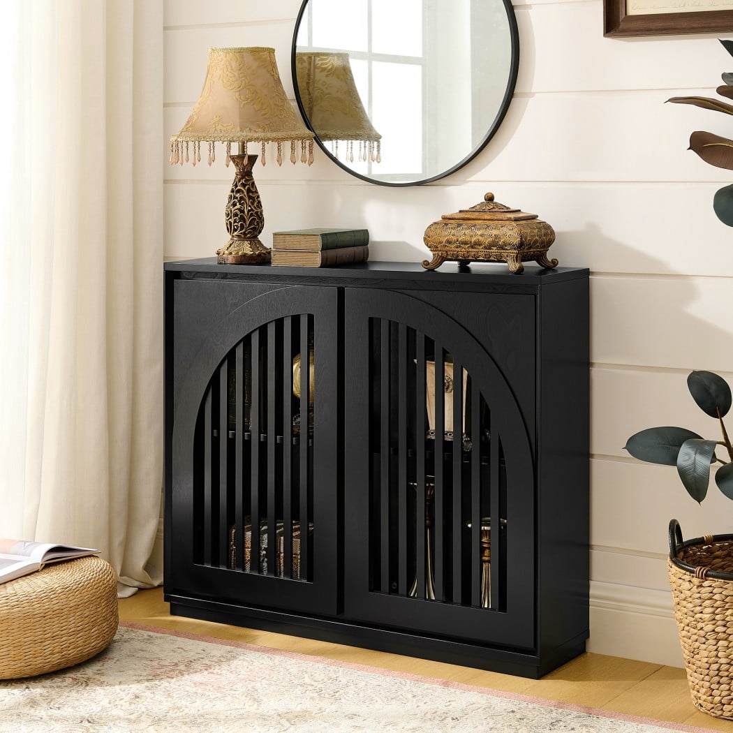 Mid Century Modern Fluted Sideboard Cabinet, Buffet Cabinet with 2 Outlet Holes, Storage Cabinet for Living Room, Entryway, Kitchen & Coffee Bar, Black