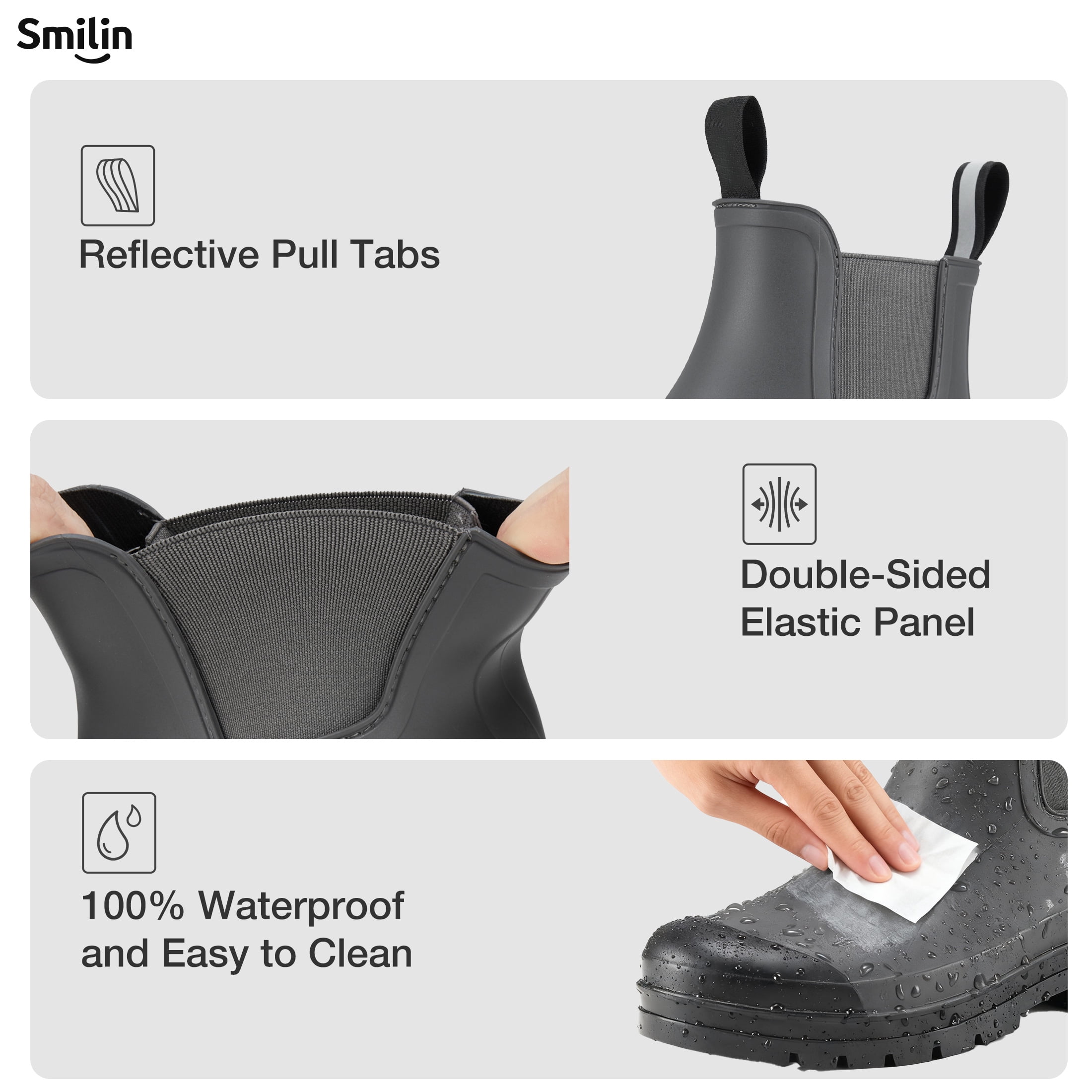 SMILIN Short Ankle Rain Boots for Women, Chelsea Waterproof Anti Slip Garden Shoes with Insole, Gray, Size 7