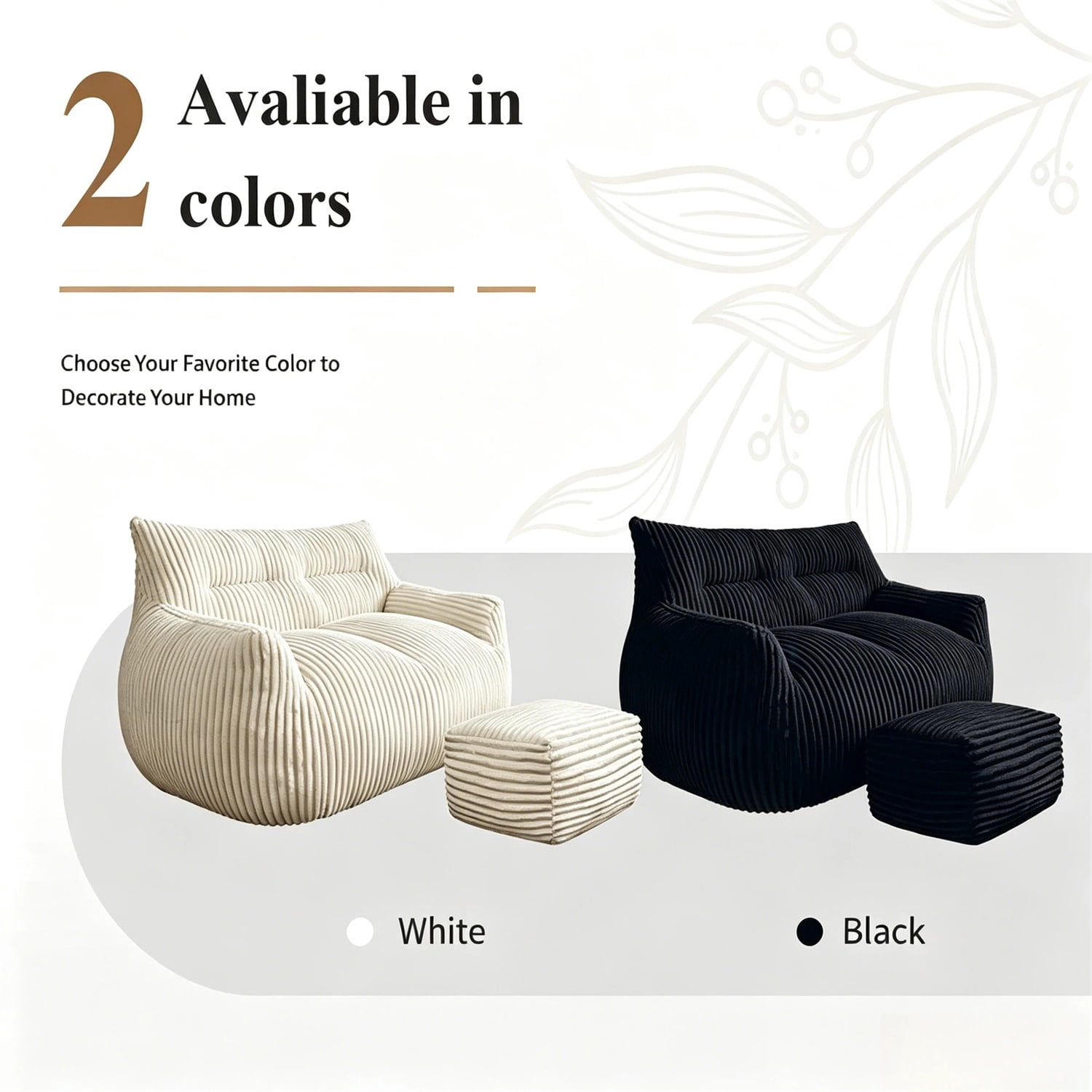 Hommoo Lovseat sofa with Ottoman, Cloud-Love Oversized 2-Seater Fluffy Bean Bag Chair for Living Room & Bedroom, White