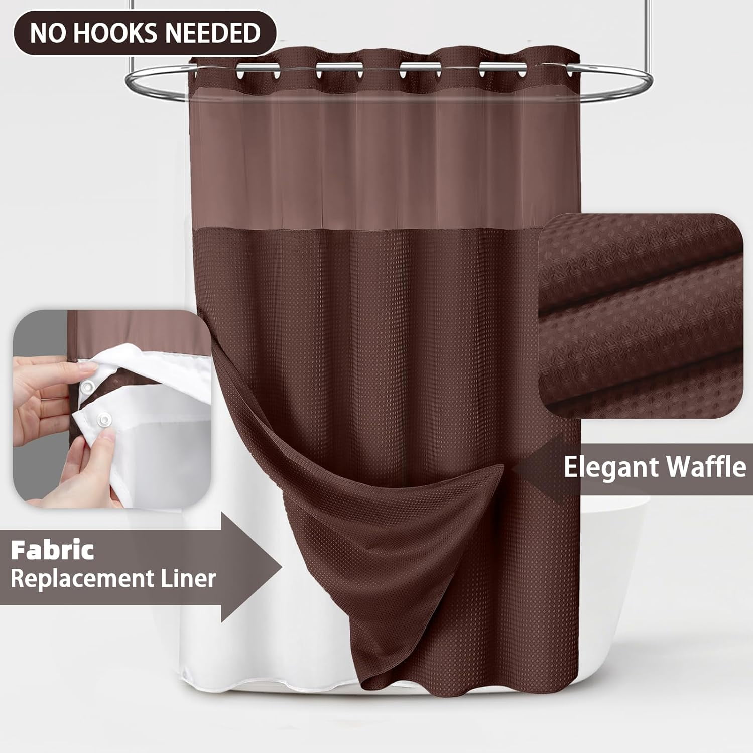 DawnJoanHD Waffle Weave No Hook Shower Curtain with Snap-in Liner, Brown Polyester Fabric with See-Through Top Window, 72" x 75"