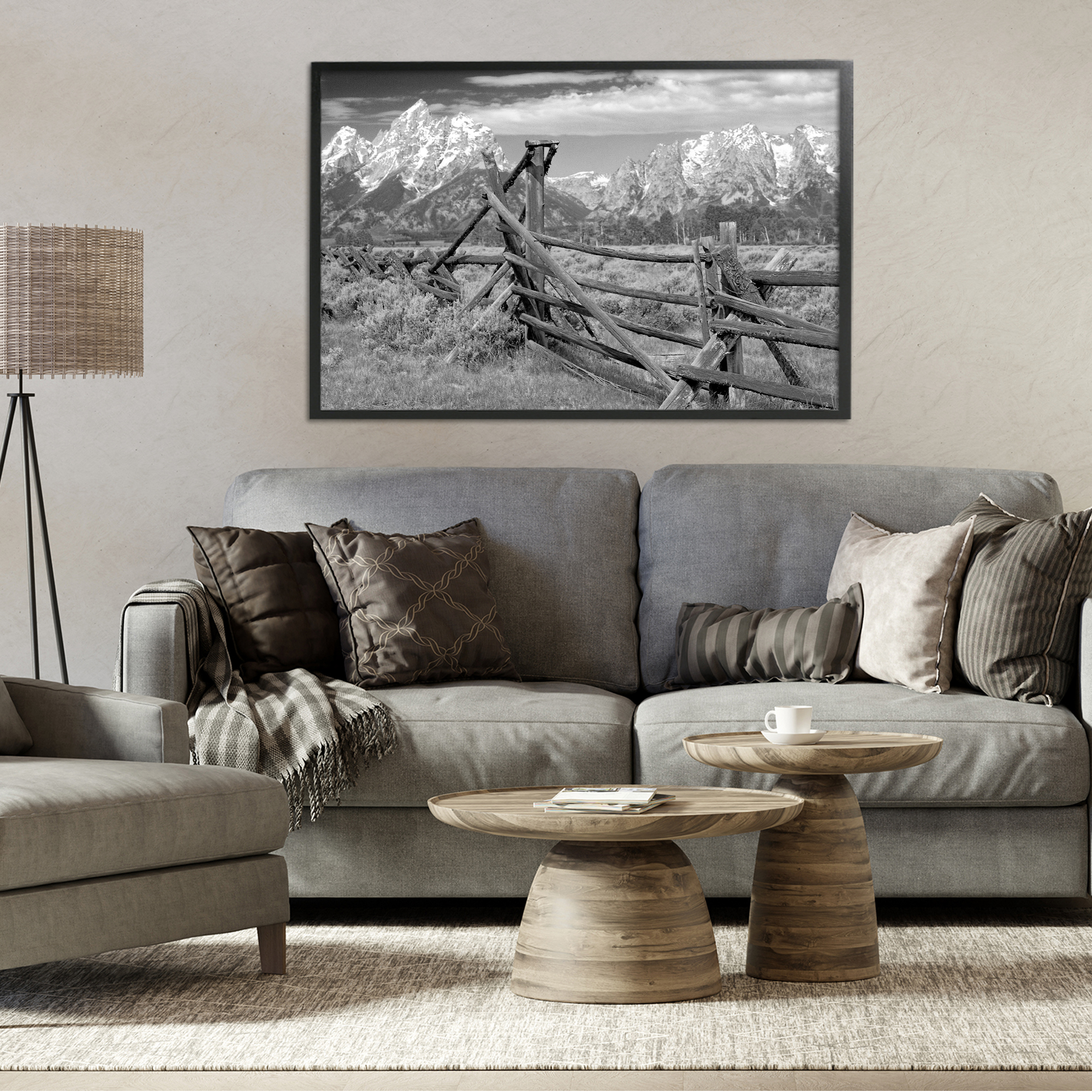 Grand Tetons Mountains & Fence Black Framed Giclee Art, design by MJ Photography