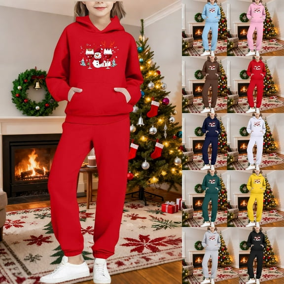 Piuwrlz Teen Sweatsuits Sets Girls Two Piece Jogger Set Pocket Christmas Round Neck Sweats and Sweatpants Brown Size 13 Years