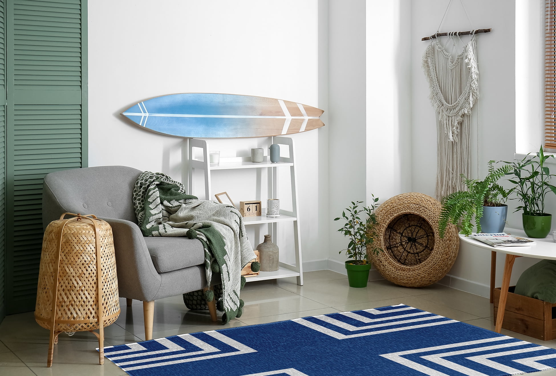4' x 6' Simply Daisy Corner Stripes Modern & Contemporary Chenille Area Rug, Nautical Navy
