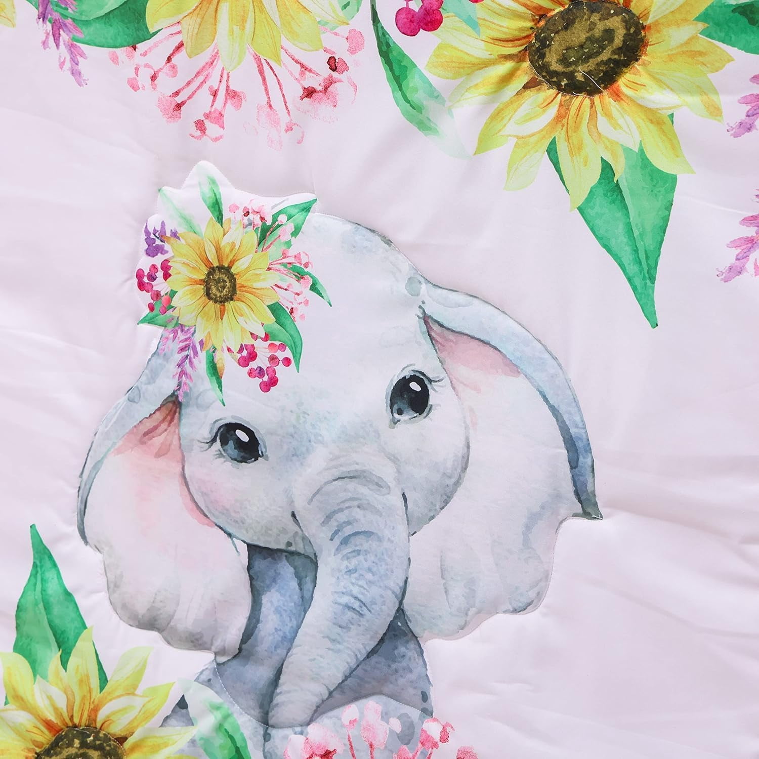 Sweet Baba Elephant Crib Bedding Set 4 Piece, Baby Nursery Bedding Sets Including Crib Quilt, Crib Skirt, Crib Sheet, Blanket, Pink Crib Sets for Girls