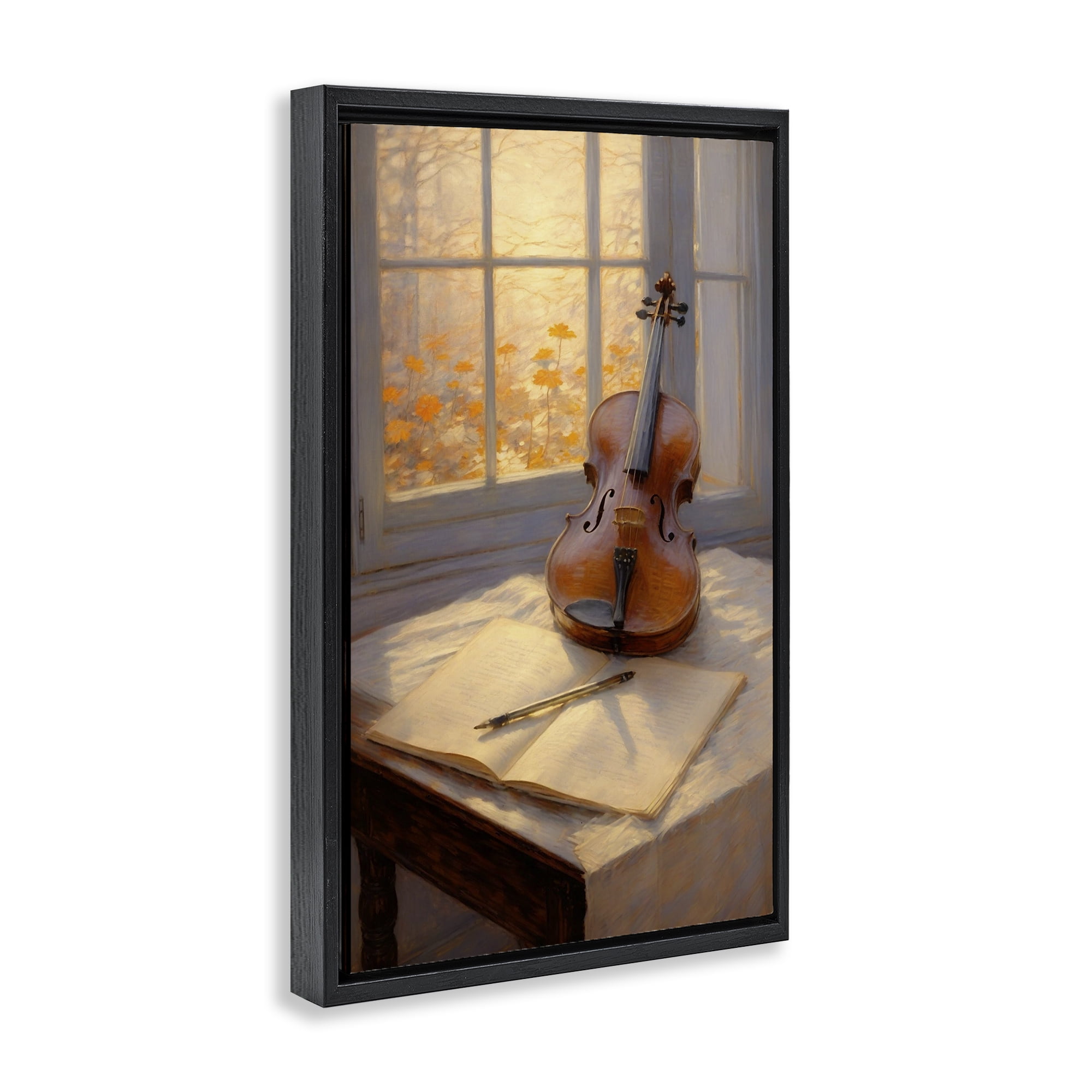Stupell Industries Autumn Sunlit Violin Black Framed Floater Canvas Wall Art, design by Angie Hawke