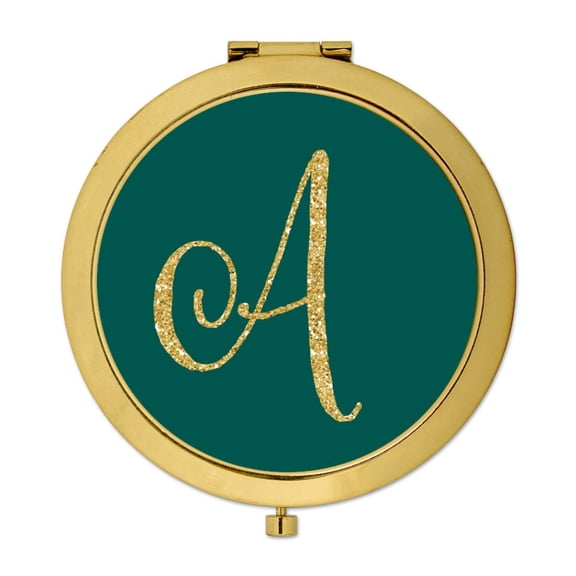 Koyal Wholesale Gold Compact Mirror Bridesmaid's Wedding Gift, Peacock Blue Jewel Tone , Monogram Letter A, 1-Pack