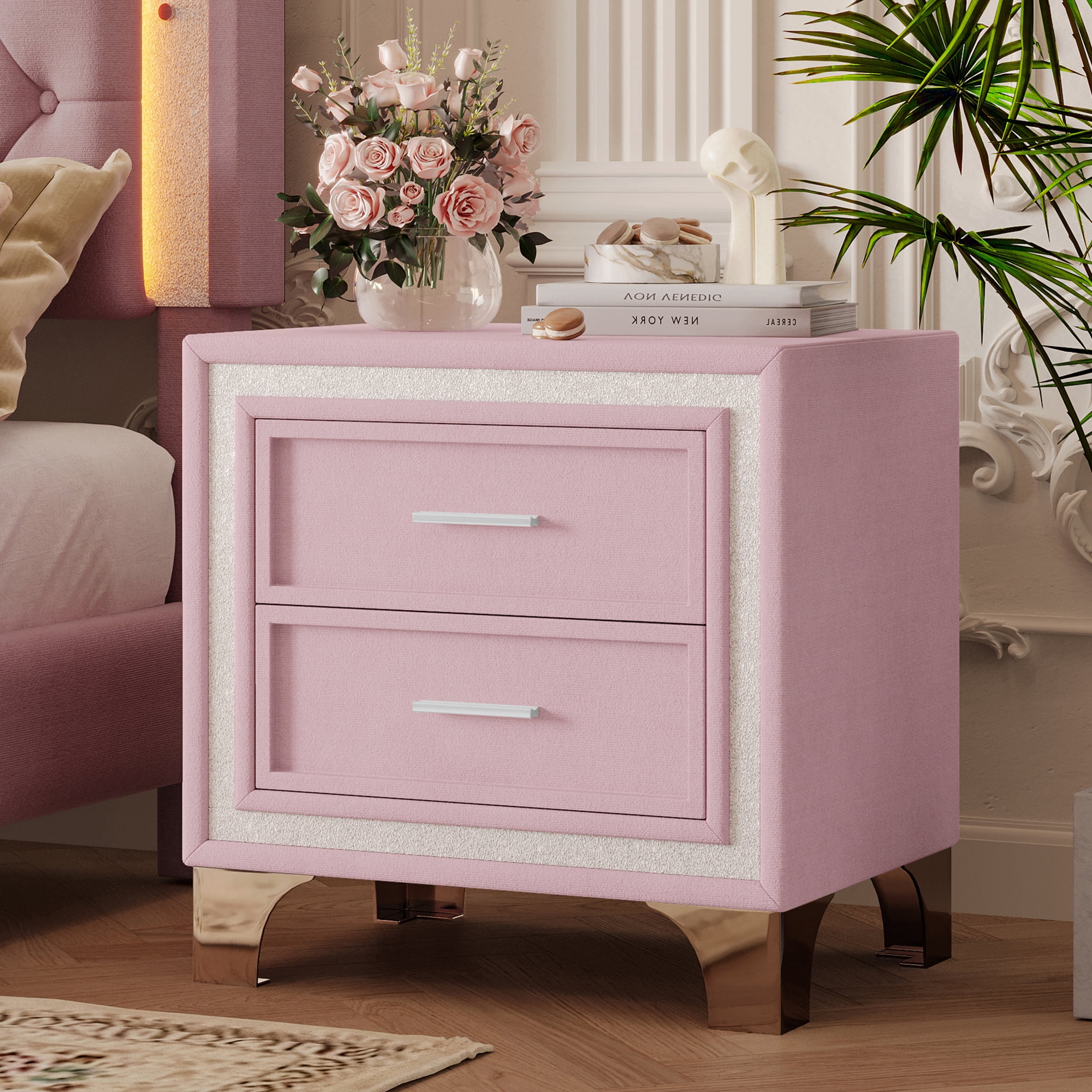 Euroco Mid Century Nightstand with with Silver Glitter Strip Decor,Rectangular Simple End Bedside Table with 2 Drawers,Pink