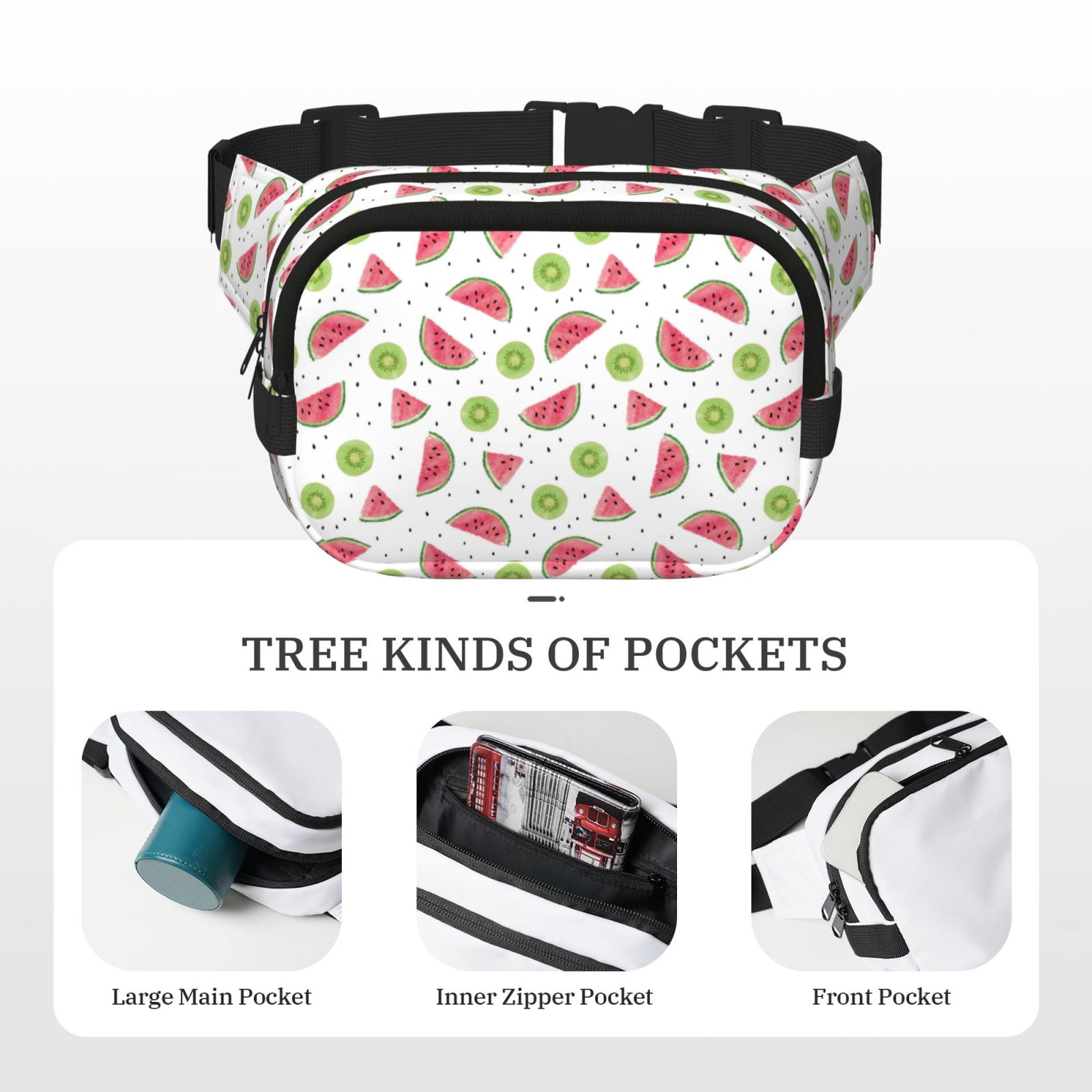 Picia Watermelon And Kiwi Print Square Double-Layer Waist Bag Mini Adjustable Waist Belt Bag Exercise Running Travel Hiking