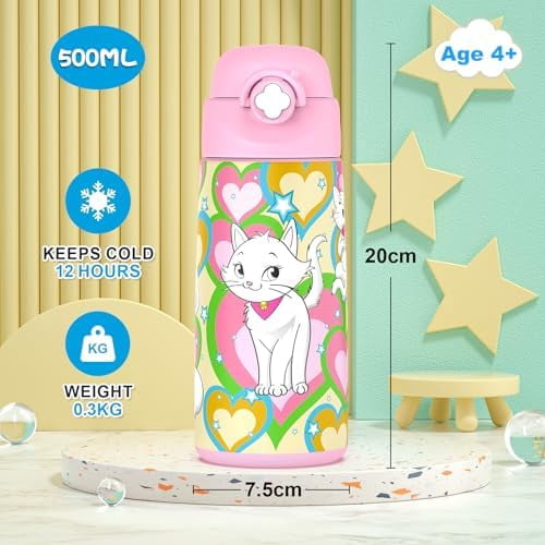 Girls Insulated Water Bottle with Covered Pop-Up Straw,16 oz Kids Cups with Stainless Steel Leak Proof for School Pink（Cat）