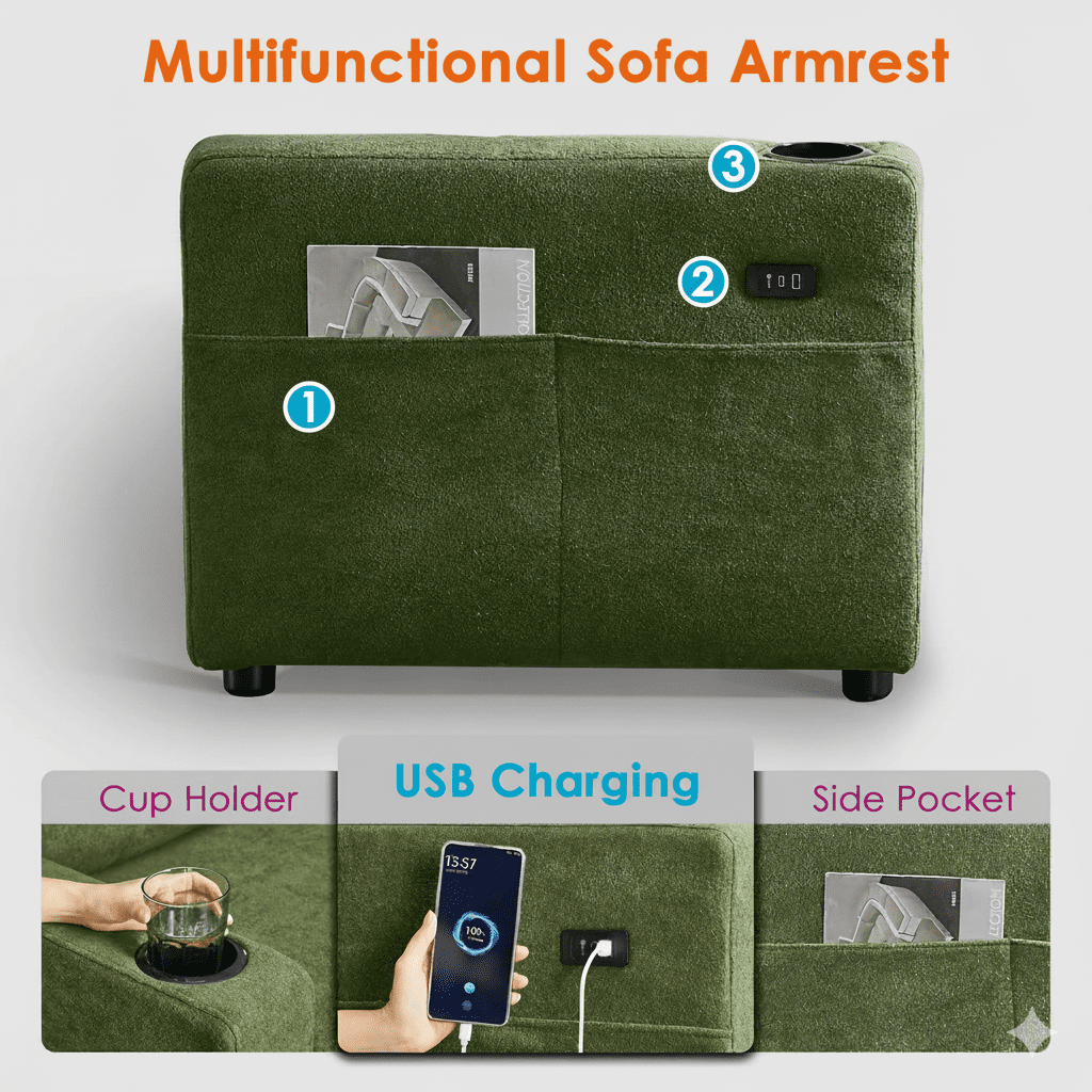 Convertible Sectional Sofa Bed, 82in Sleeper Sofa Bed with Storage Chaise for Living Room, Pull Out Couch L Shaped Couch with USB Charging Port, Cup Holder, Removable Backrest, Teddy Fabric, Green
