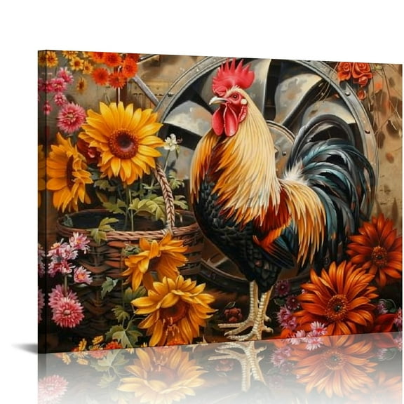 Orinice  Rooster Prints Wall Art Chicken Sunflower Painting Funny Farm Animal Canvas Vintage Country Farmhouse Kitchen Dining Room Decor Framed 20x16in