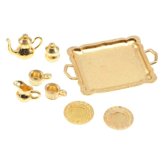 Kokiya 8 Pieces Dollhouse Miniature Tea Set Doll House Accs Playset Model for 1/12 Teahouse Dining BJD Doll Parts Decor gold