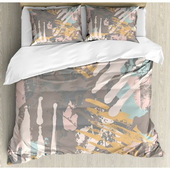 Charcoal Duvet Cover Set Queen Size, Ink Splatters Pattern in Pastel Tones Stains and Strokes Creative Blots, Decorative 3 Piece Bedding Set with 2 Pillow Shams, Multicolor, by Ambesonne