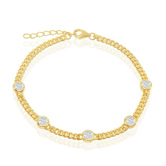 925 Sterling Silver 14k Gold Plated Cuban Curb Link Round Bezel Stationed Cubic Zirconia 6.5 1’’ Chain Bracelet Jewelry for Women or Teens