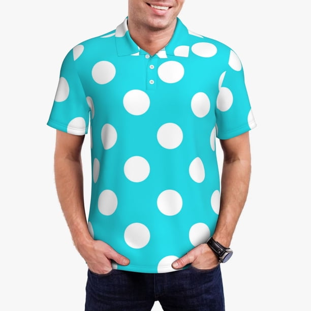 Fotbe Aqua And White Polka Dot Camiseta Polo de Golf para Hombre con Estampado – Camisa Deportiva Transpirable con Cuello Abotonado-Large