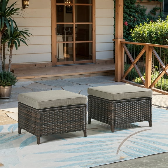 Gymojoy Outdoor PE Wicker Ottoman Set of 2 Patio Rattan Footrest Seat with Soft Gray Cushion
