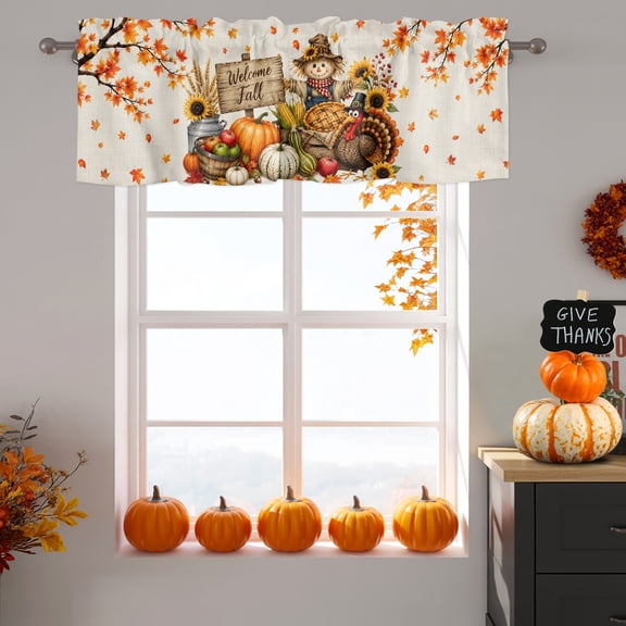 Valance for Windows,Welcome Fall Scarecrows Turkey Valances Curtain Rod Pocket Valance for Kitchen Bedroom Living Room Bathroom,Thanksgiving Maple Leaves Short Curtains Window Treatment 54x18in