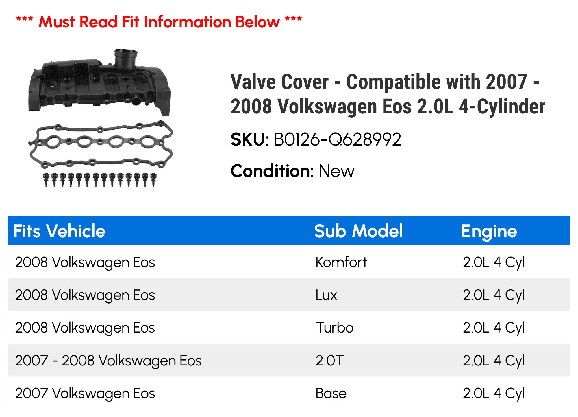 Valve Cover - Compatible with 2007 - 2008 Volkswagen Eos 2.0L 4-Cylinder - Autopart Premium