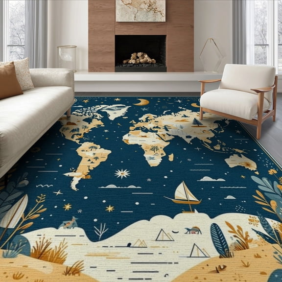 ODIKA 8'x10' Washable Area Rug Large Playroom Map Ocean Storytelling Compass Border for Dining Room, Office, Lounge, Non-Slip Chair-Friendly Mat