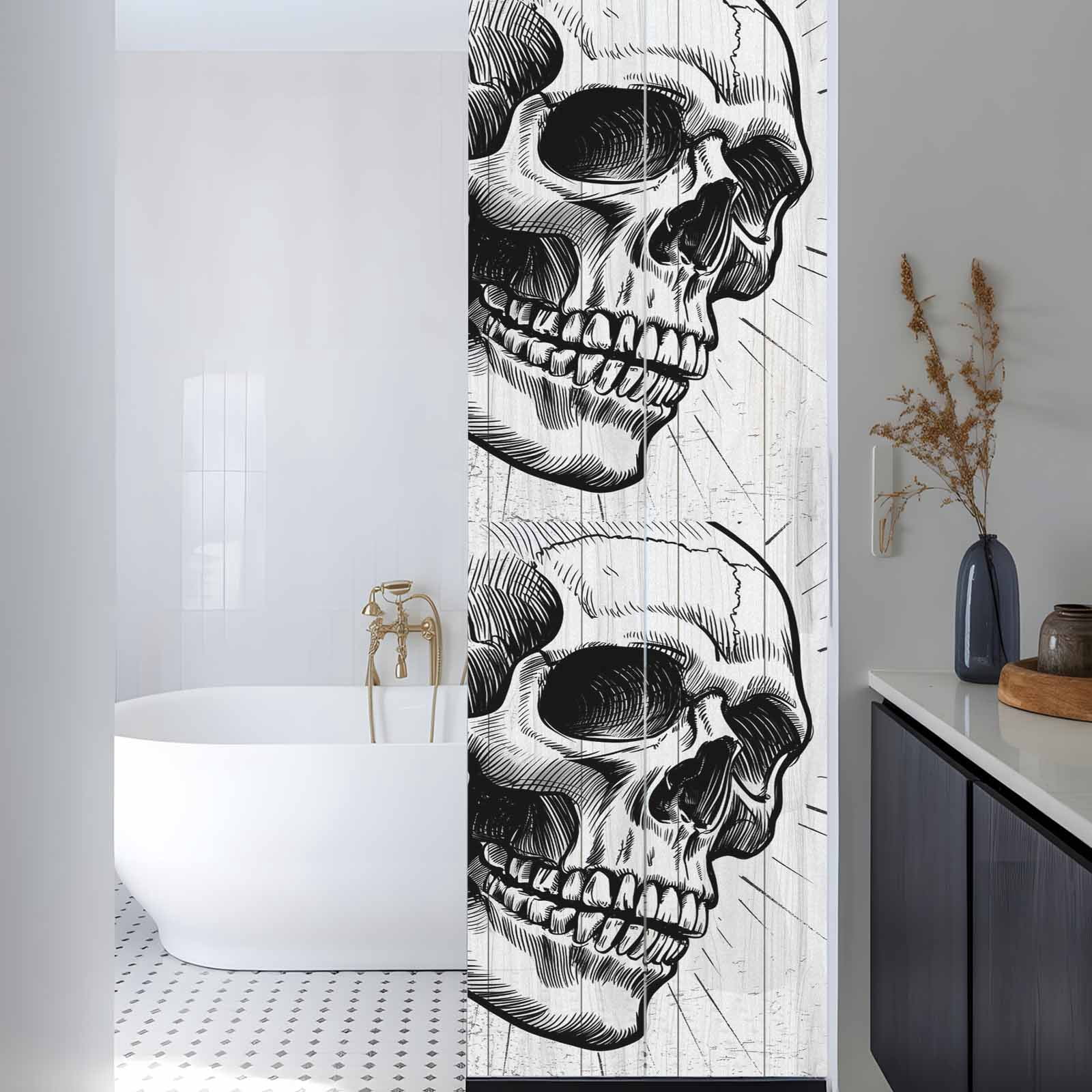 Horror Skull Window Privacy Film, Black Skeleton Spooky Halloween Static Cling UV Sun Blocking Heat Control Window Tint Day and Night, Non-Adhesive One Way Windows Privacy Cover 17.7''x78.7''