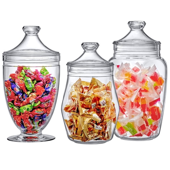 Amazing Abby - Enchant - Plastic Apothecary Jars (3-Piece Set, 46/45/59 oz), Acrylic Jars with Lids, Bathroom Canisters, Candy Bu