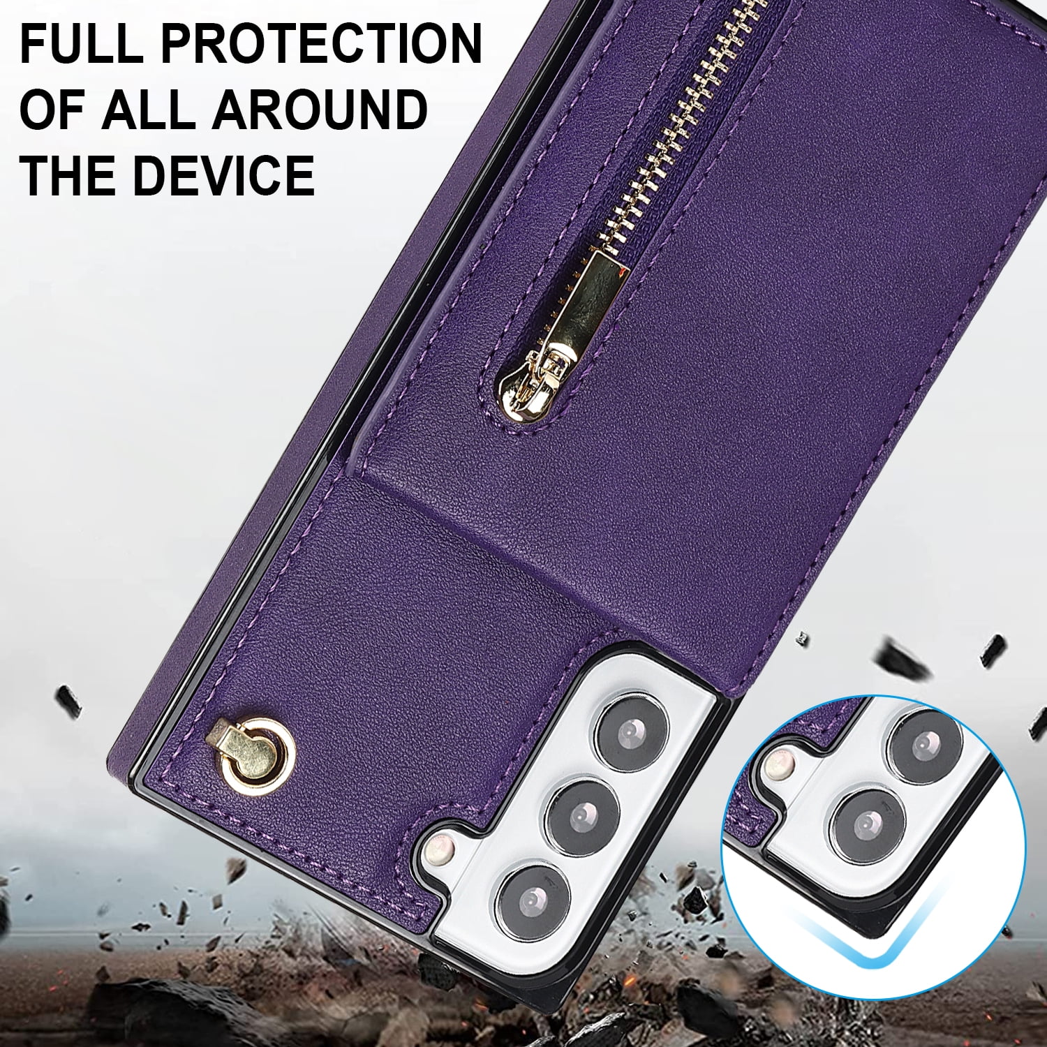 Dteck Flip Leather Wallet Case for Samsung Galaxy S24 Plus, Crossbody Wallet Case with Credit Card Holder Zipper Pocket Lanyard Shoulder Strap, Kickstand Phone Cover for Samsung S24 Plus,Purple