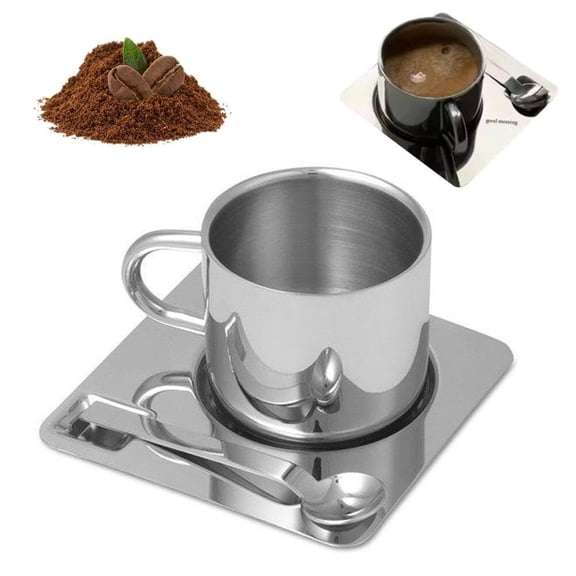 300ml Coffee Cup Spoon and Saucer Set, Double Walled Stainless Steel Vacuum, Milk Cup Tea Cup