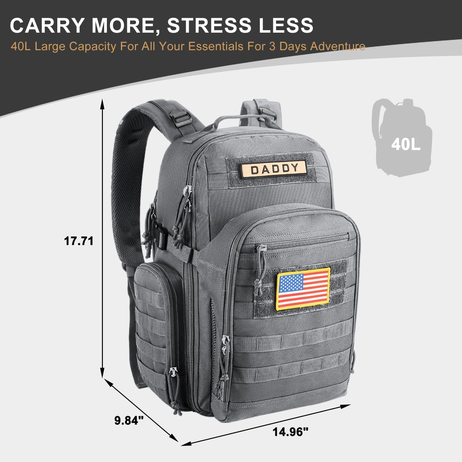 MIRACOL Diaper Bag Backpack for Dad: 40L XL Capacity Fits 1-3 Days Trip - Military Style with Daddy Patch for Active Dads - Ideal Gift for New Fathers & Husbands Grey