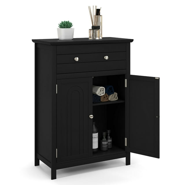Gymax Bathroom Floor Cabinet Wooden Storage Organizer with Drawer & Doors Blcak