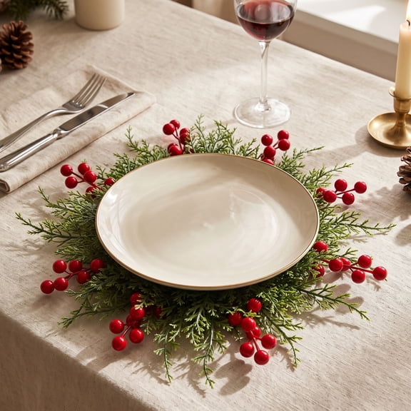 Tyidzon Christmas Pine Placemat, Artificial Round Greenery Placemat Reusable for Christmas Party Decorations