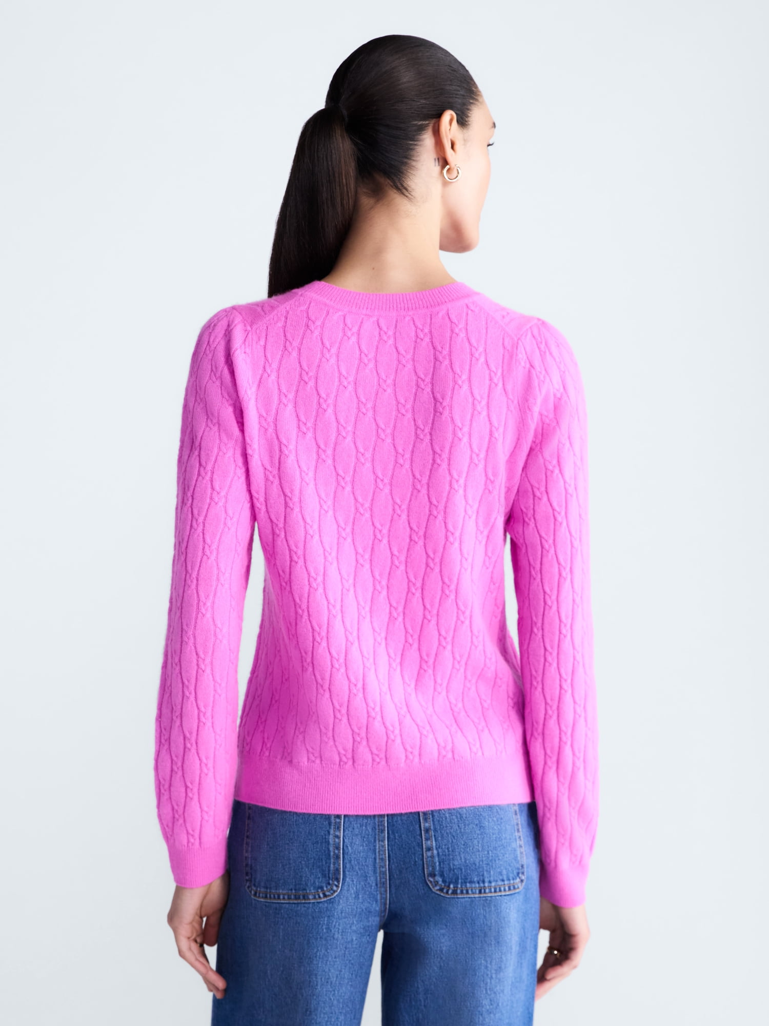 Free Assembly Women's and Women's Plus Cashmere Cable Knit Sweater with Puff Sleeves, Midweight, Sizes XS-4X