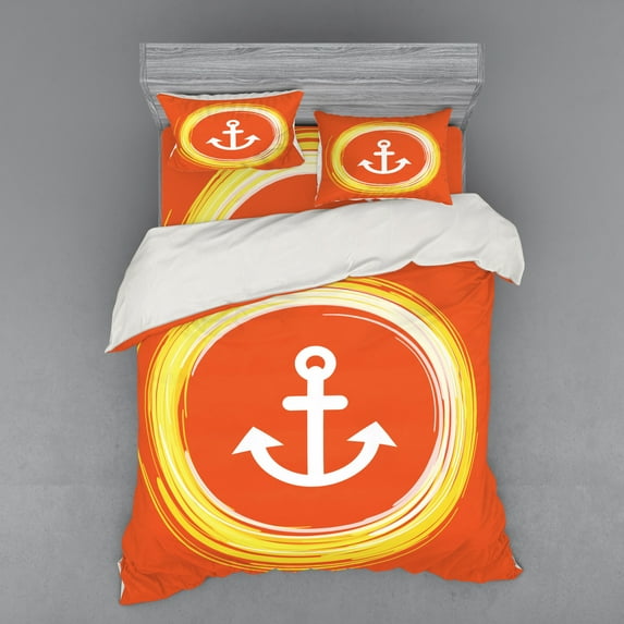 Ambesonne Nautical Bedding Set 4 Pcs, Anchor Image in Circle, Queen, Orange Yellow