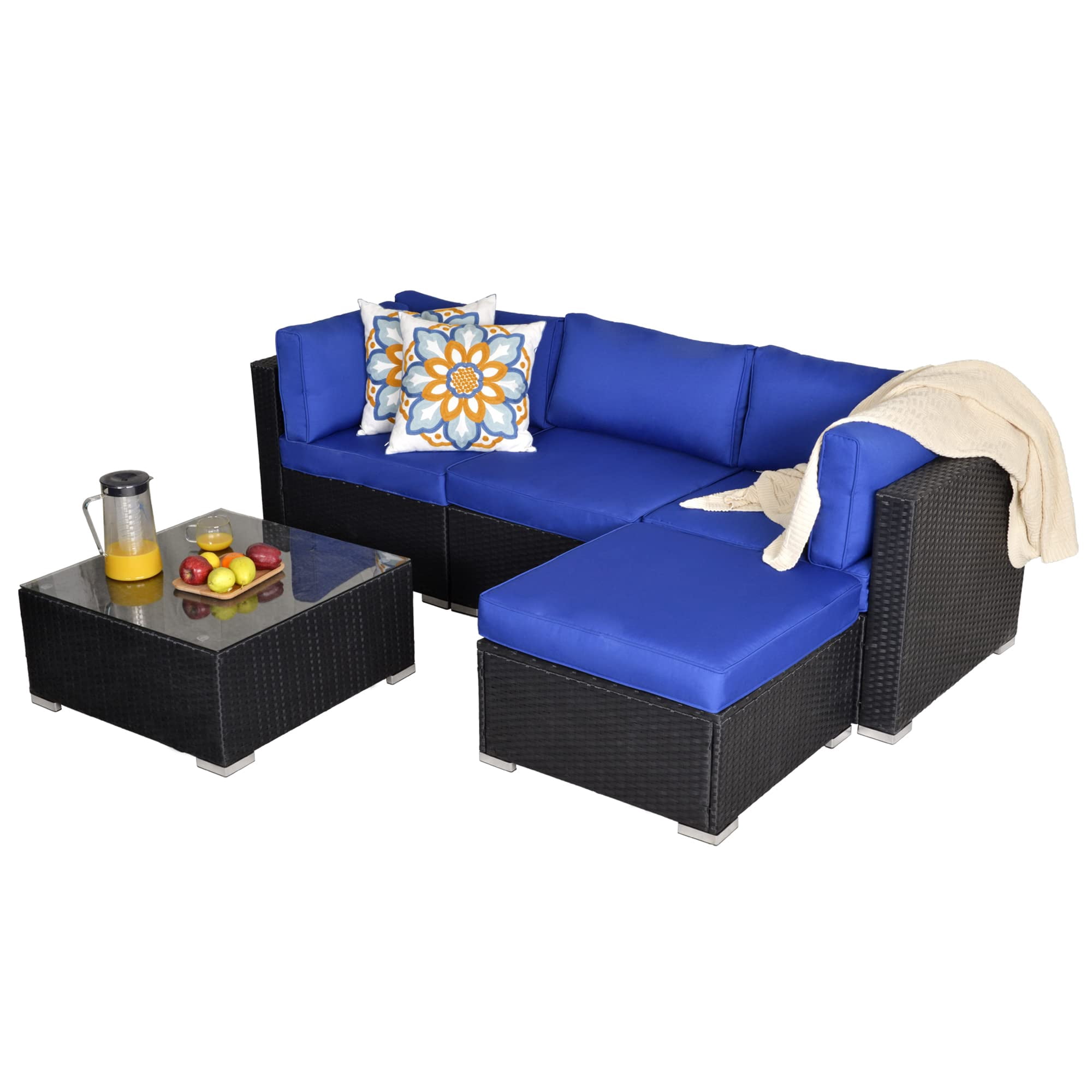 Royalcraft Rattan Patio Sofa Set, 5 Pieces Outdoor Sectional Furniture Set, All-Weather PE Wicker Patio Conversation Set, Outdoor Couch Sofa Set with Glass Table & Dark Blue Cushions